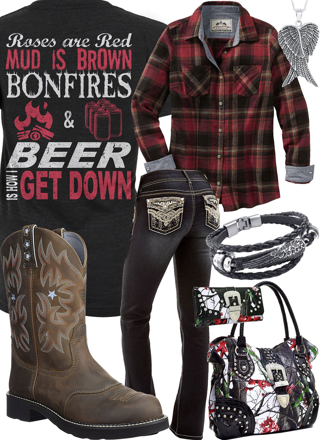 Bonfires & Beer Angel Wings Heart Necklace Outfit