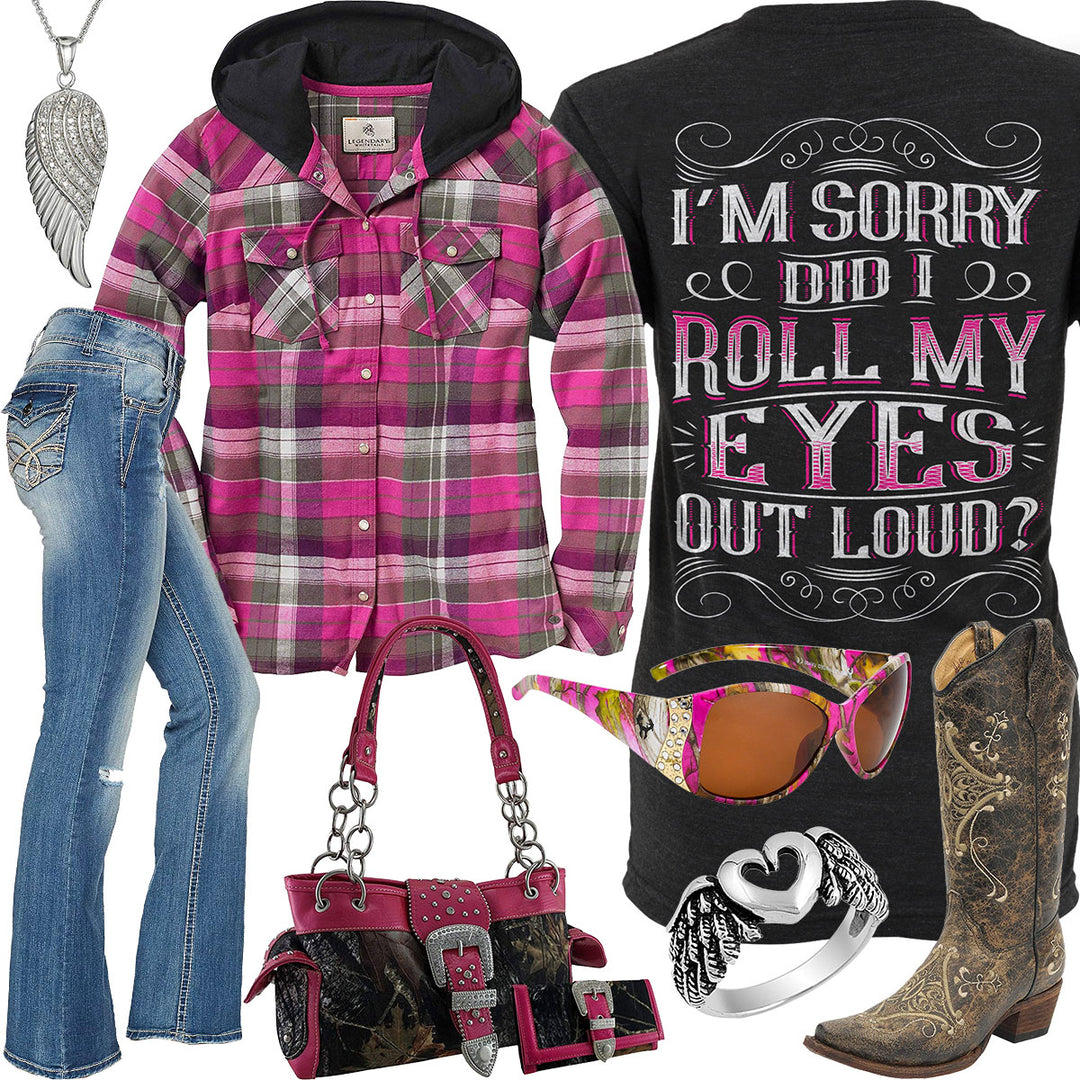Roll My Eyes Pink Plaid Hoodie Outfit