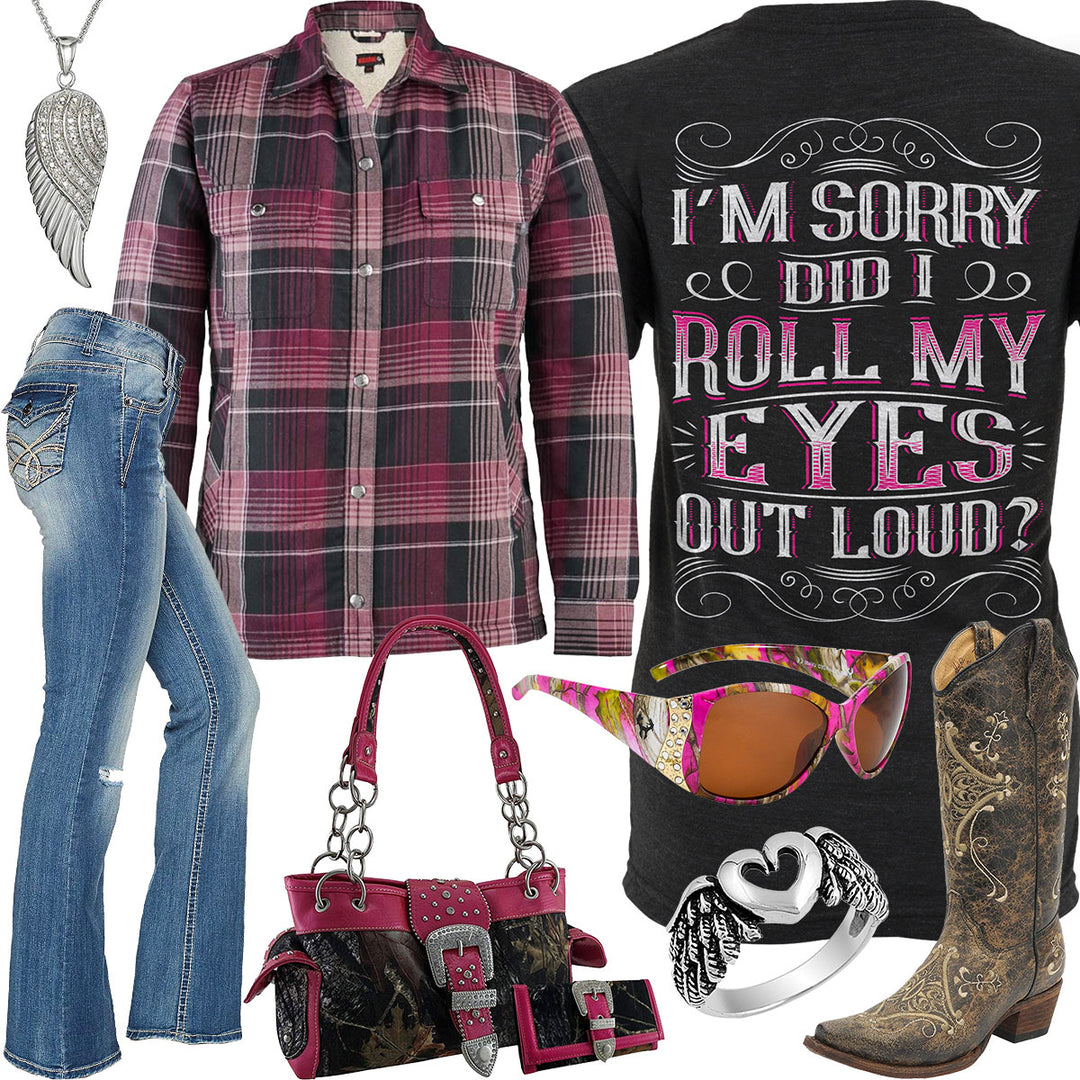 Roll My Eyes Pink Plaid Fleece Jacket Outfit