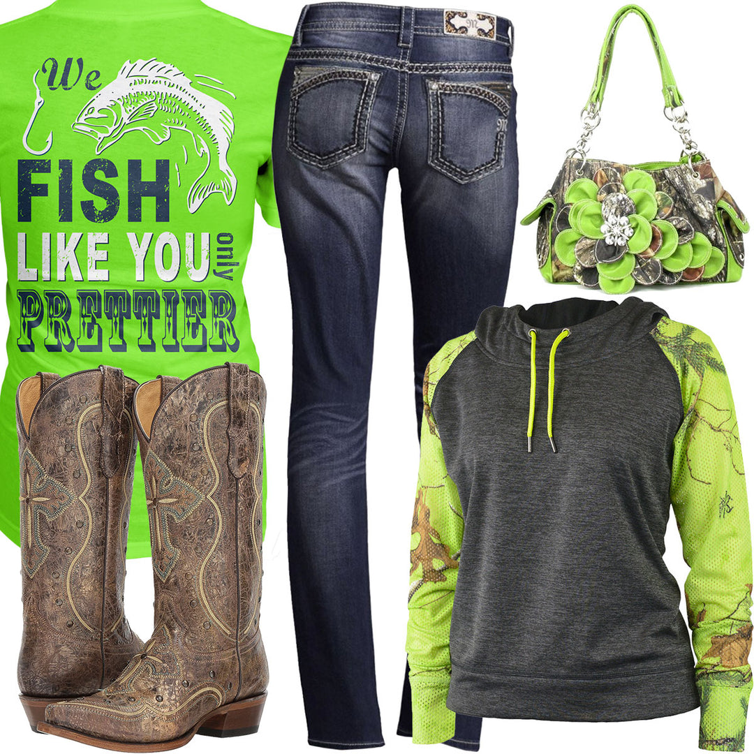 We Fish Like You Camo Flower Purse Outfit