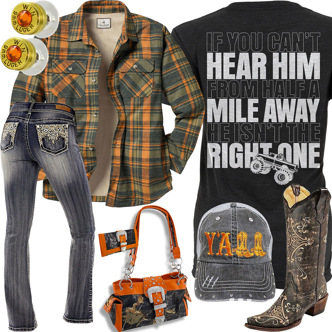 Half A Mile Away Orange Plaid Shirt Outfit
