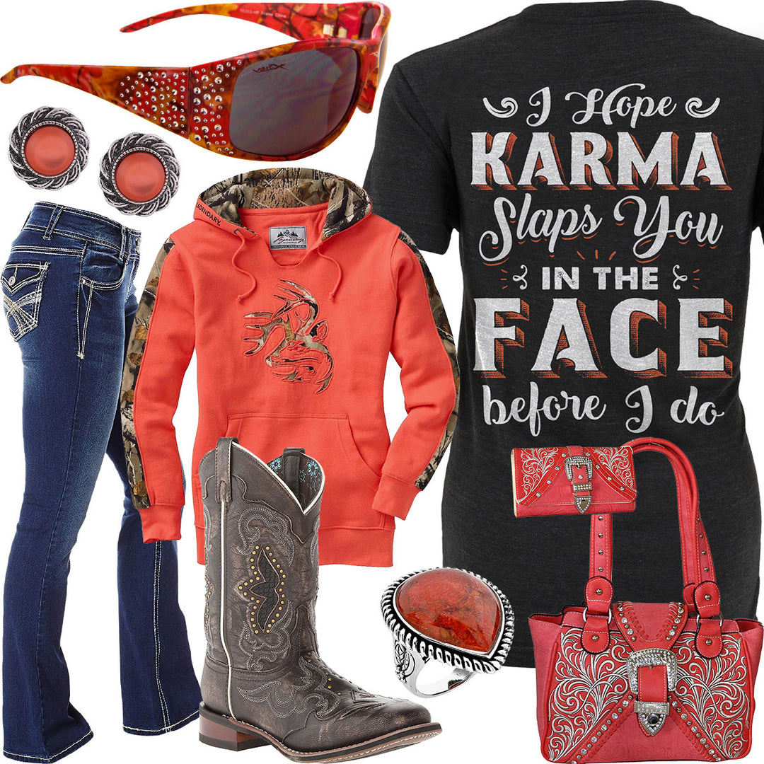Karma Slaps You Coral Camo Sunglasses Outfit