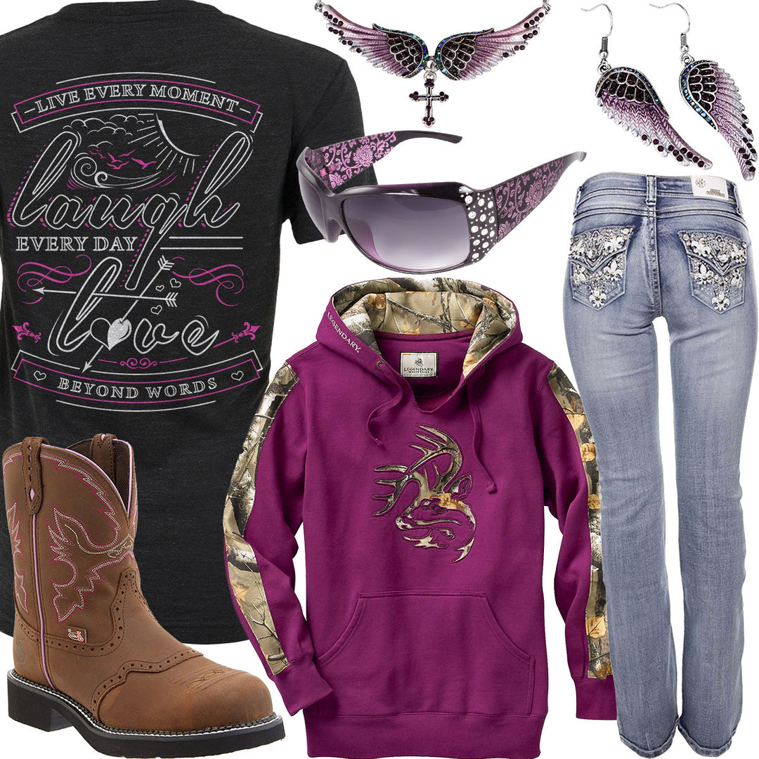 Live Laugh Love Purple Rhinestone Sunglasses Outfit