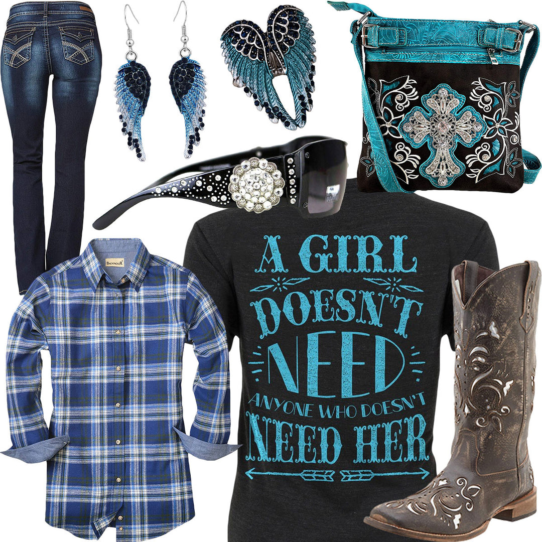 A Girl Doesn't Need Blue Plaid Shirt Outfit