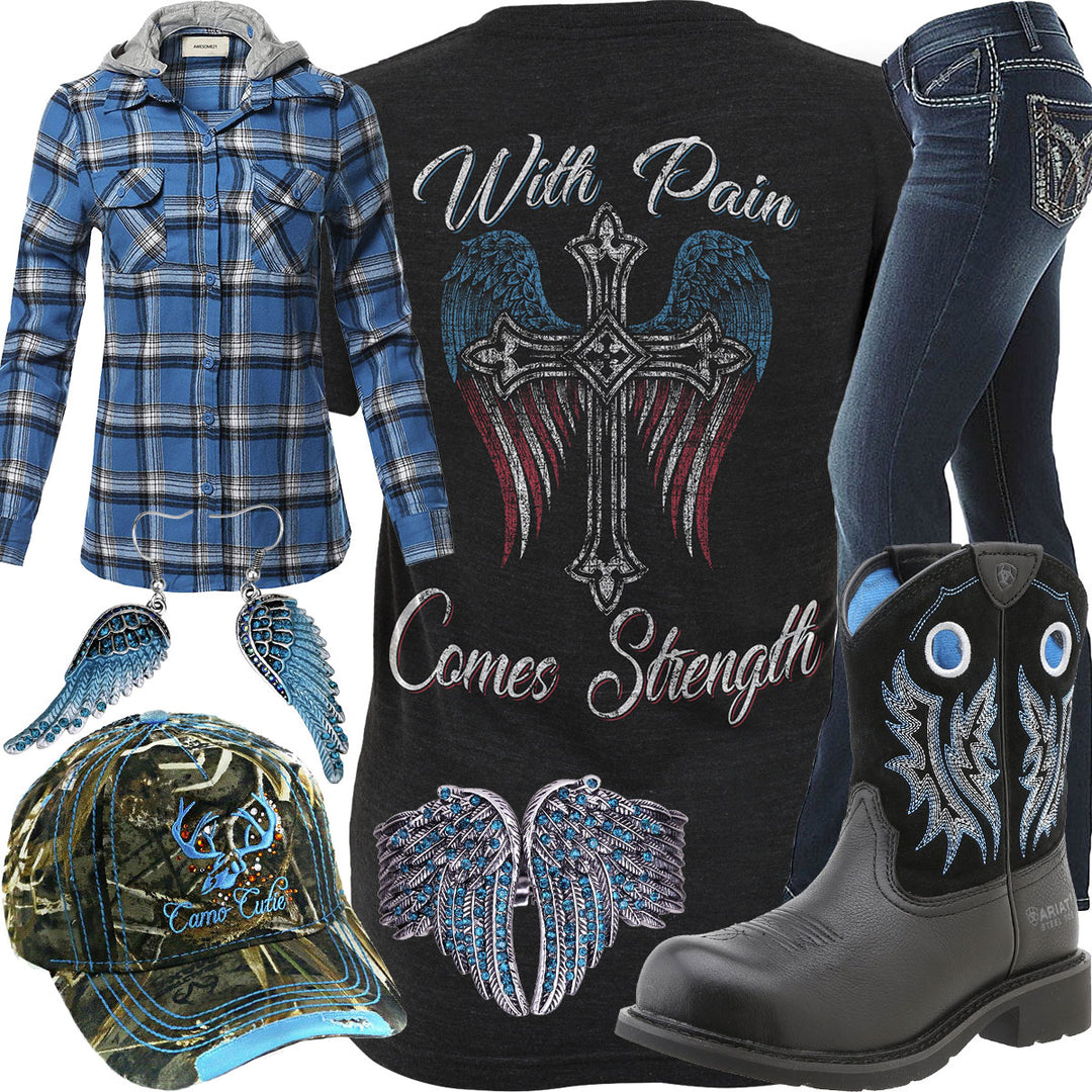 With Pain Comes Strength Blue Plaid Hoodie Outfit