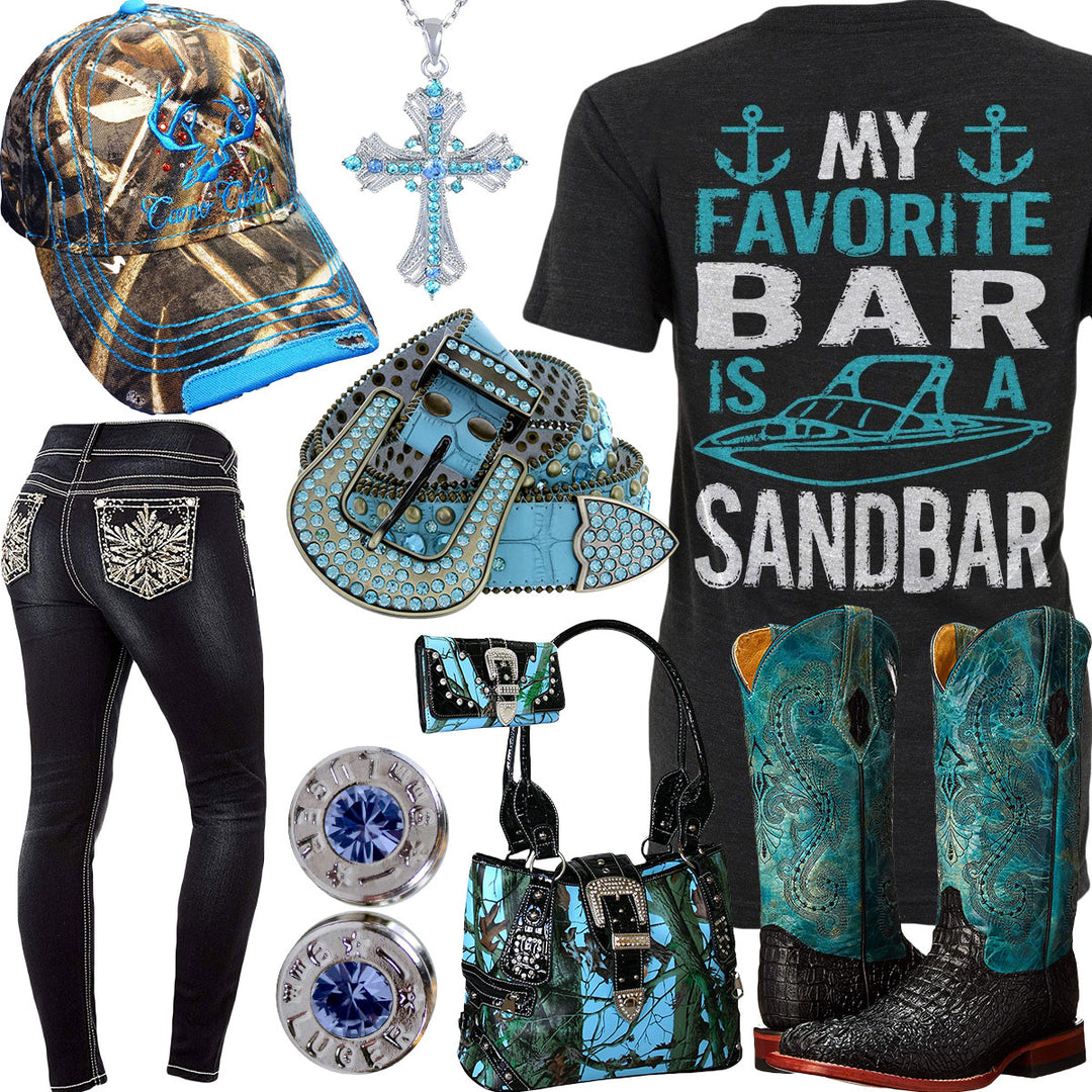 My Favorite Bar Blue Rhinestone Belt Outfit