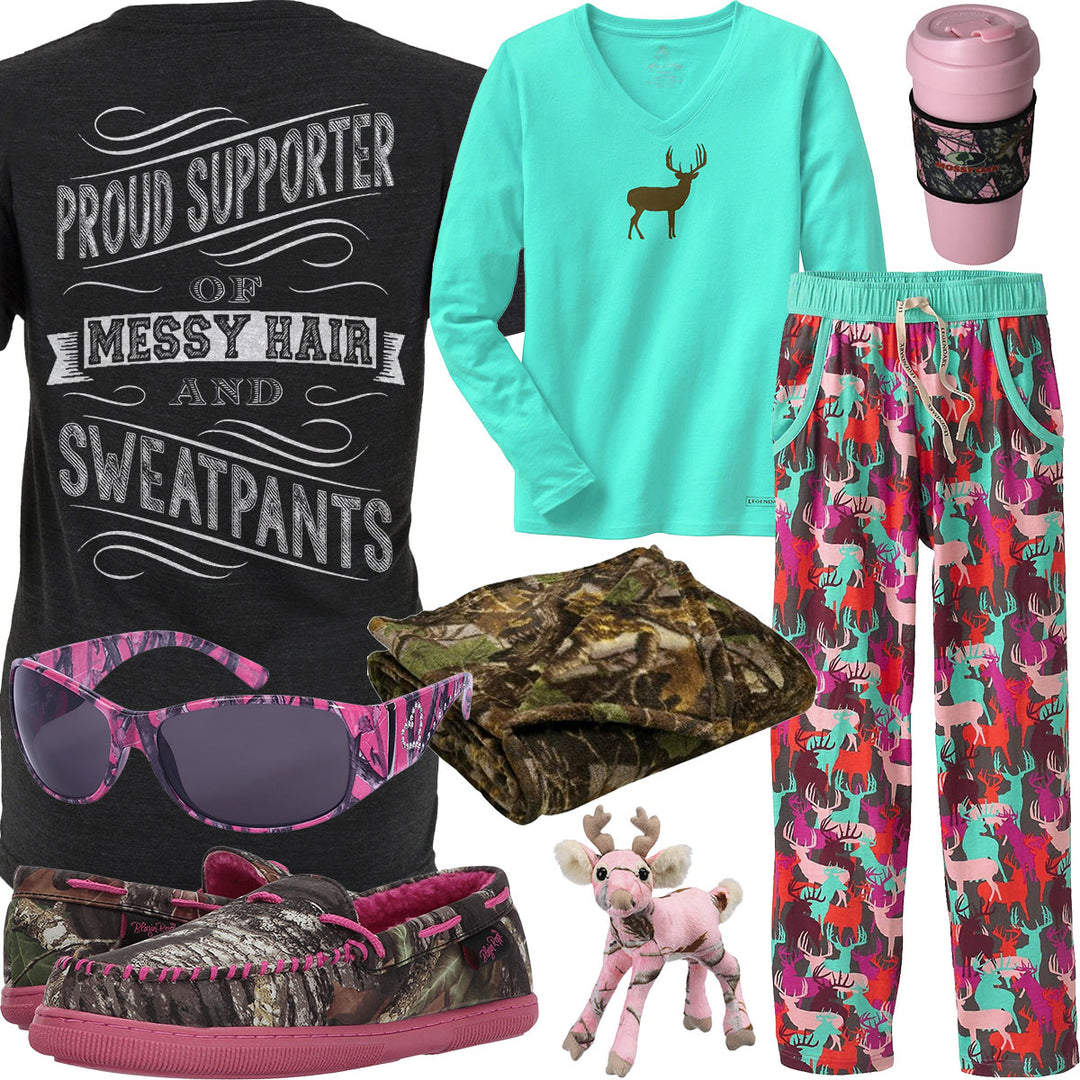 Messy Hair & Sweatpants Camo Moccasin House Shoe Outfit