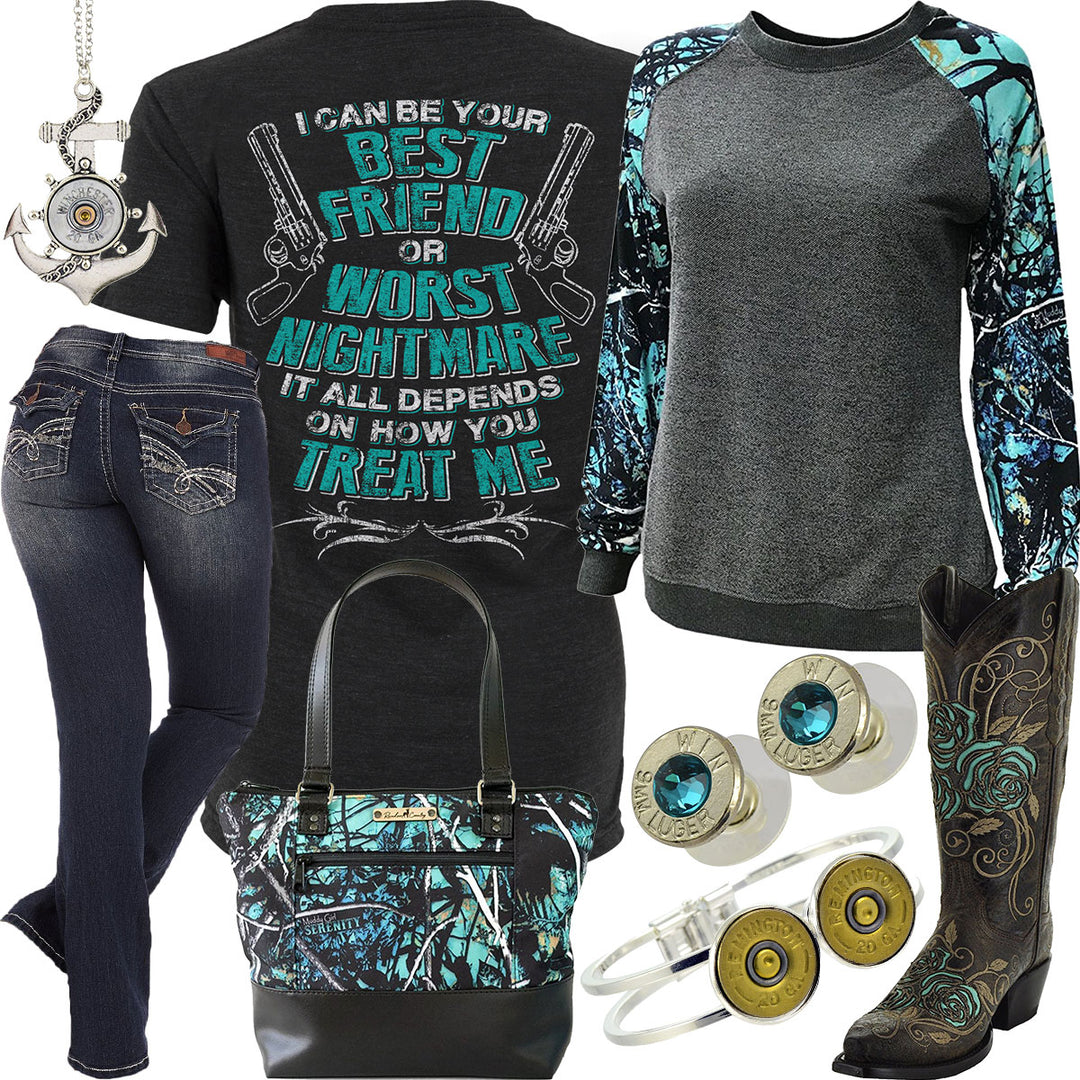 How You Treat Me Serenity Camo Sweatshirt Outfit