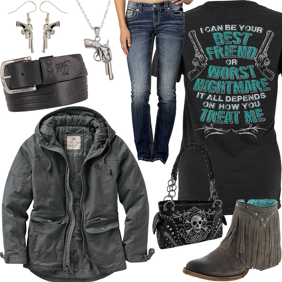 How You Treat Me Rhinestone Skull Purse Outfit