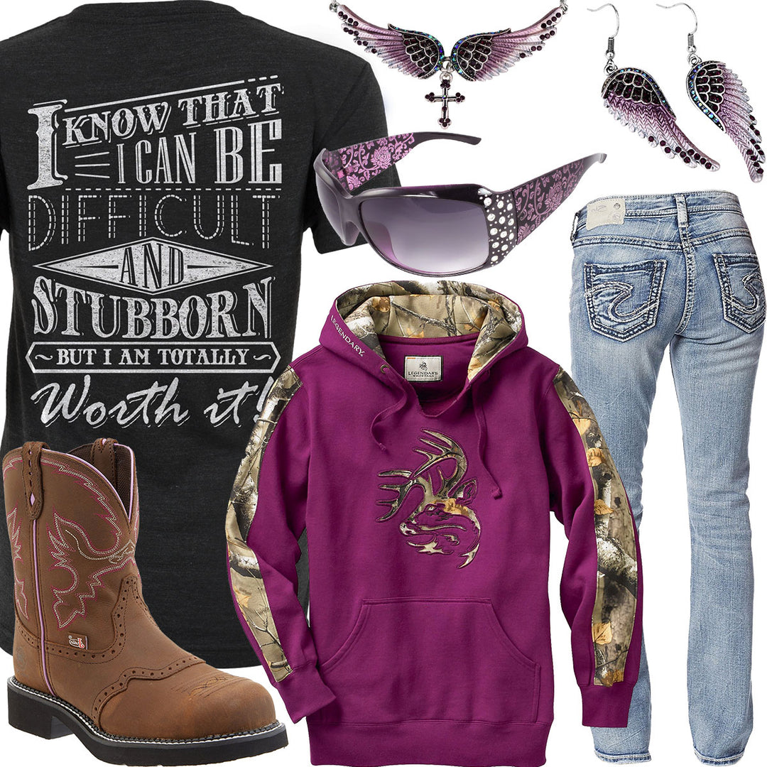 Totally Worth It Plum Camo Hoodie Outfit