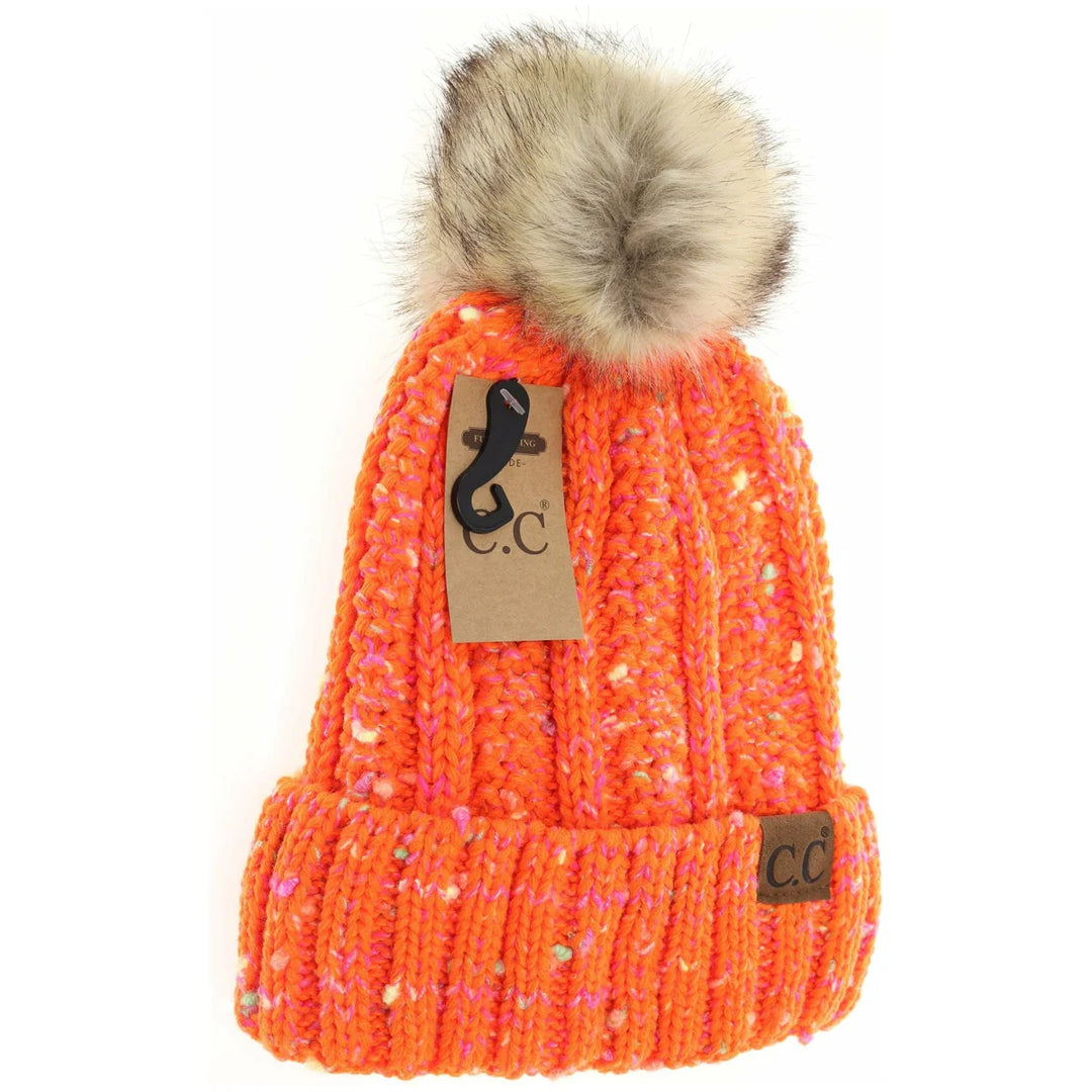 Fuzzy Lined Confetti Knit Fur Pom C.C Beanie
