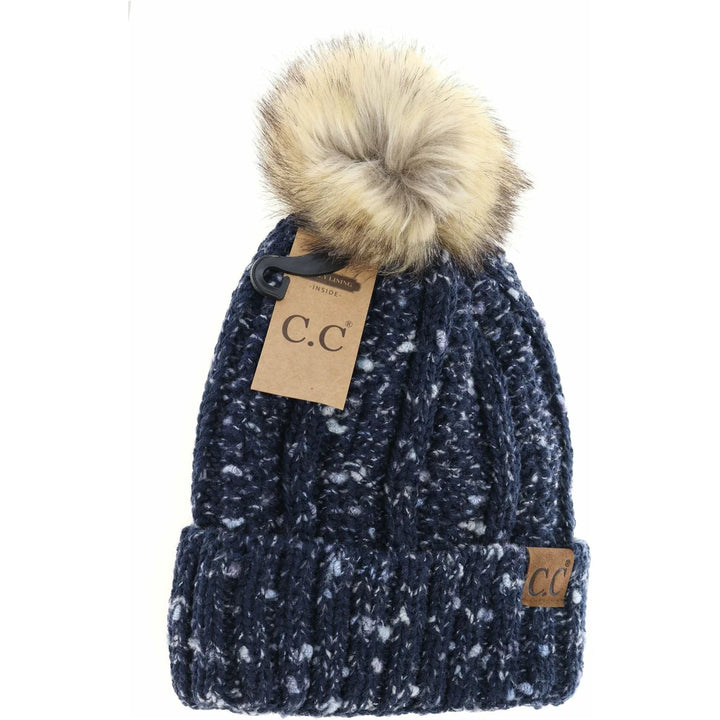 Fuzzy Lined Confetti Knit Fur Pom C.C Beanie